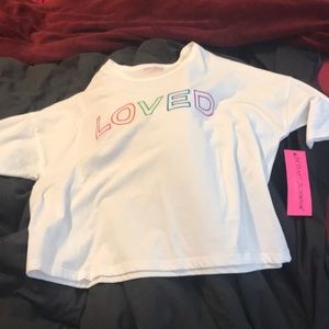 Betsy Johnson LOVED white and rainbow T-shirt